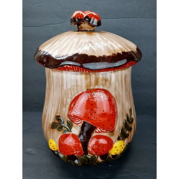 Vintage Mushroom Cookie Jar Orange Arnel's Hand Painted Ceramic Signed Canister - Picture 3 of 12